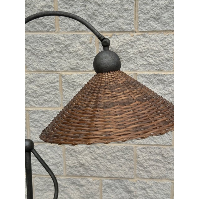 Vintage Wicker and Iron Floor Lamp With Sculptural Curved Arm For Sale - Image 4 of 9