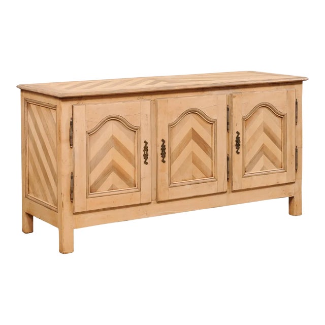 Mid 20th Century French Buffet Console With Chevron Pattern and Hidden Drawers Inside For Sale
