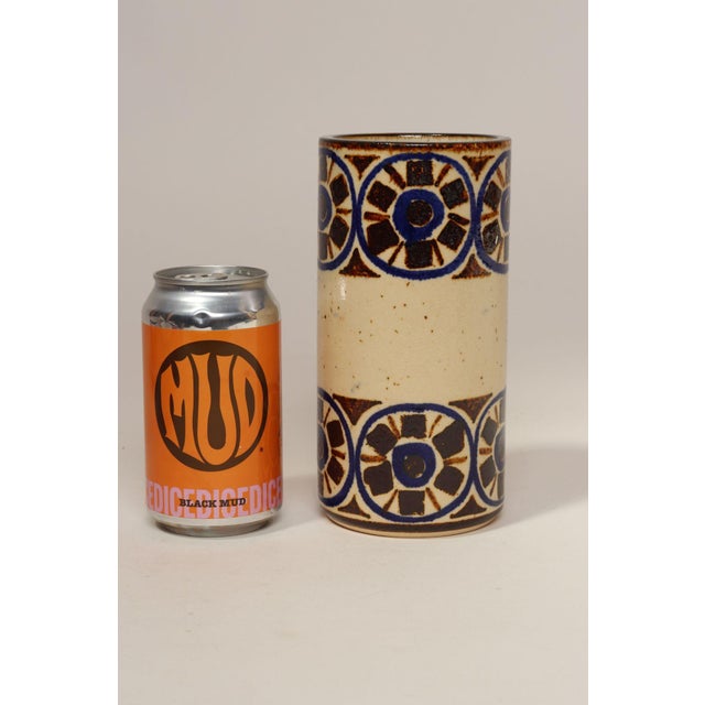 1960s Scandinavian Modern Stoneware Cylindrical Vase With Geometric Motif For Sale - Image 5 of 12