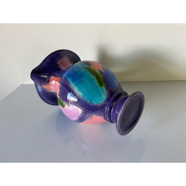 Blue 80's Vintage Art Hand Painted Abstract Pattern Decorative Ceramic Pitcher Vase For Sale - Image 8 of 13