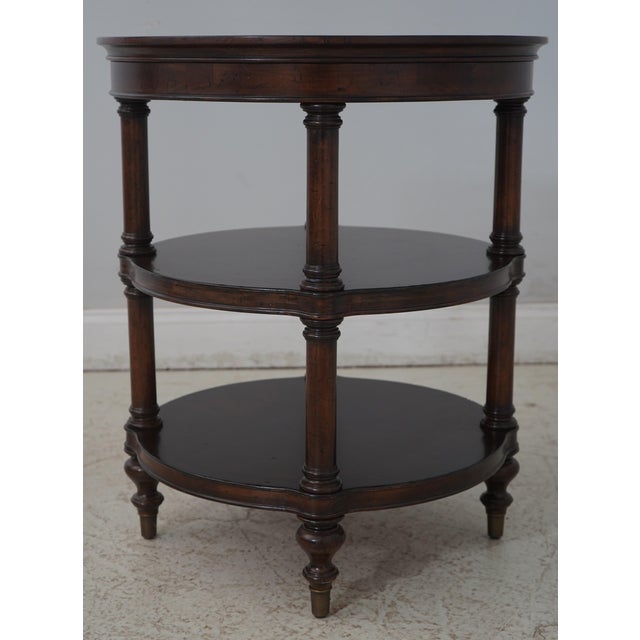 Traditional Pair Round Leather Top Distressed Finish Occasional Tables For Sale - Image 3 of 12