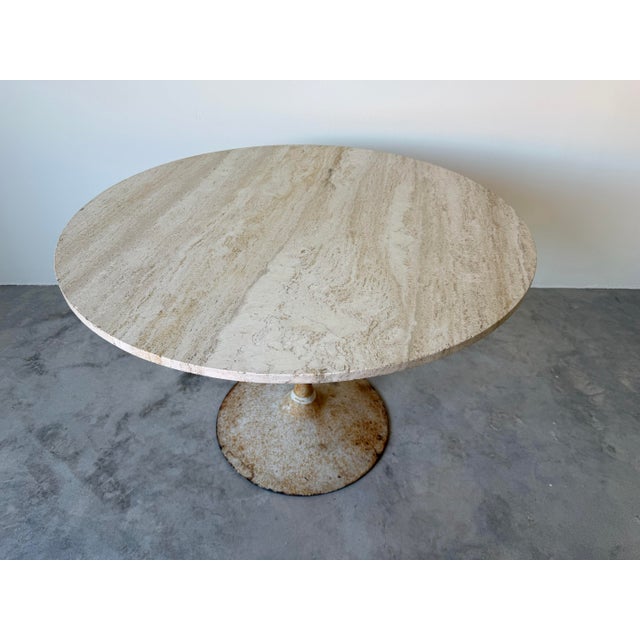 Italian Vintage Tulip Metal Base Dining Table With Italian Travertine Top – Outdoor For Sale - Image 3 of 12