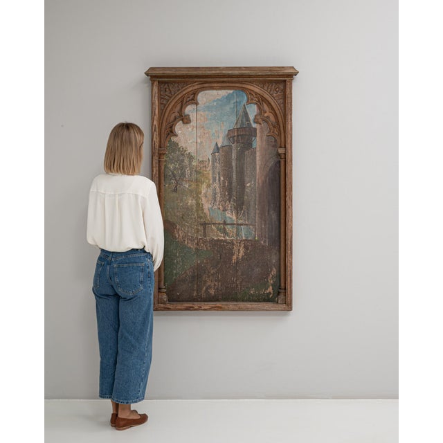 1928 French Gothic Revival Painting with Architectural Frame For Sale - Image 17 of 18
