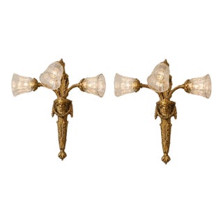 Vintage Neoclassical Gilt Brass Figural Three-Light Wall Sconces - a Pair For Sale