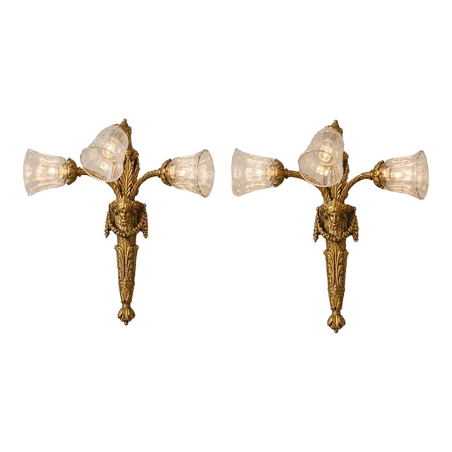 Vintage Neoclassical Gilt Brass Figural Three-Light Wall Sconces - a Pair For Sale