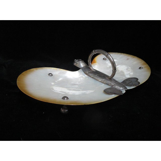 Chinese Butterfly Silver & Mother of Pearl Shell Footed Serving Tray Dish For Sale - Image 9 of 11