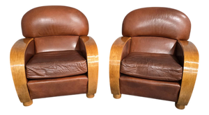 Art Deco Leather Club Armchairs, Set of 2