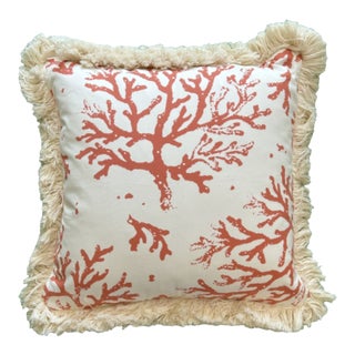 Dramatic Natural Coral Italian Cotton Print Designer Pillow With Down Feather Insert For Sale