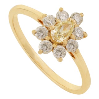 14k Gold Victorian Inspired Fancy Yellow Diamond Flower Cluster Ring Size 9 For Sale