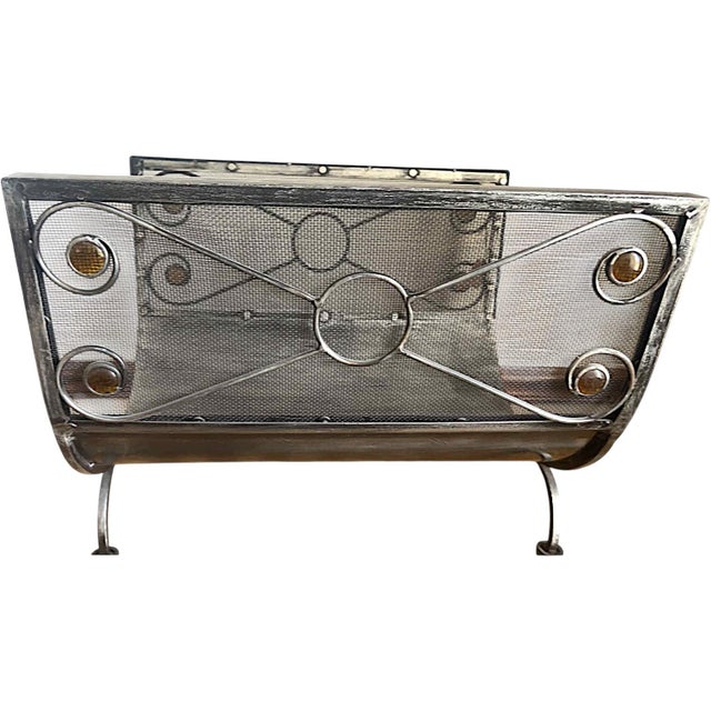 Art Deco Style Silver Toned Metal Mesh Firewood Holder Scrolling Metal Amber Glass Medallions For Sale - Image 9 of 9