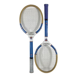 Curated Pair of Vintage Wooden Tennis Rackets for Designer Decorating Wood Racquet Blue Set of Two For Sale