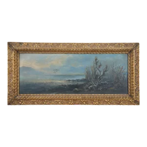 Antique Coastal Landscape Seascape Oil Painting on Board W Gold Frame 19"