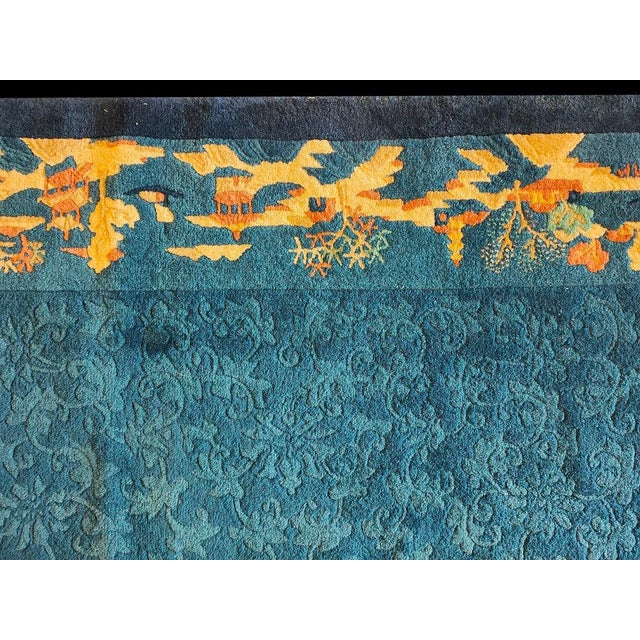 Vibrant Blue Color With Gold Figurative Borders Antique Chinese Peking Rug For Sale In New York - Image 6 of 7