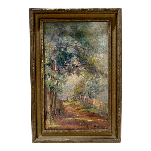 Antique Oil on Board Landscape Painting Wooded Path Rustic Fence Signed Period Gilt Frame For Sale