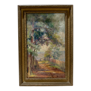 Antique Oil on Board Landscape Painting Wooded Path Rustic Fence Signed Period Gilt Frame