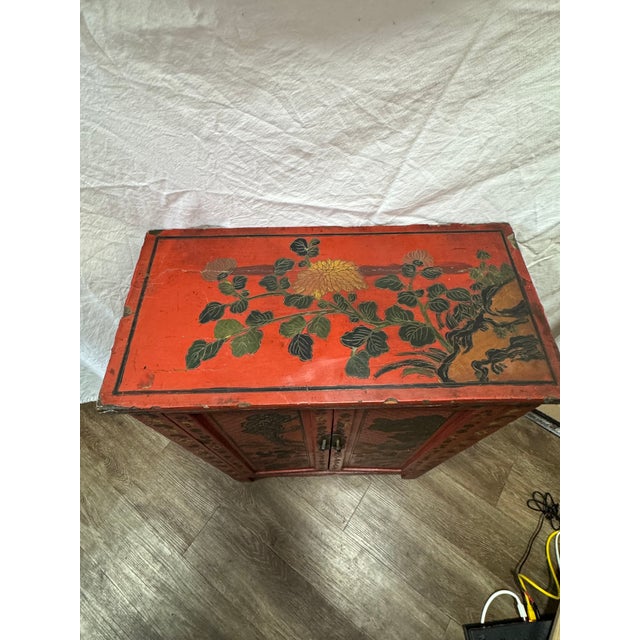 Wood Mid 19th Century Qing Dynasty Shanxi Red Lacquer Painted Wedding Cabinet, Elm, Fully Decorated Back For Sale - Image 7 of 10