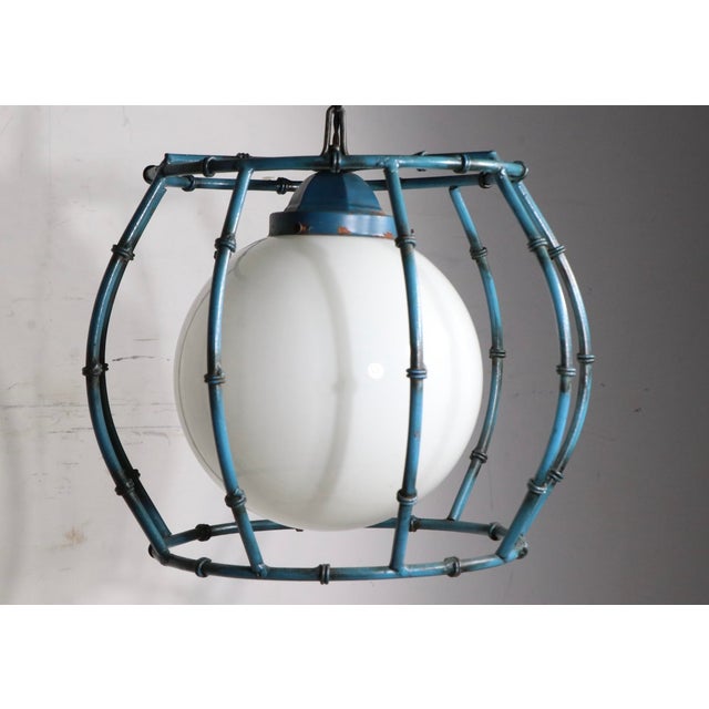 Blue Mid 20th Century Mid Century Modern Faux Bamboo Metal Cage Chandelier With Ball Center Globe For Sale - Image 8 of 12