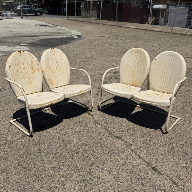 Art Deco Vintage Art Deco Steel Metal Clam Shell Double Seat Porch Patio Loveseat - Pair For Sale - Image 3 of 18