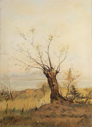 D. Klein, Solitary Tree by the Lakeside in Autumn Field, Oil Painting