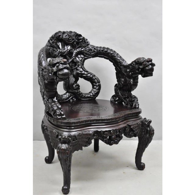 Antique Japanese Dragon Carved Wood Oriental Export Palace Lounge Arm Chair. Circa Early 20th Century. Measurements: 35" H...
