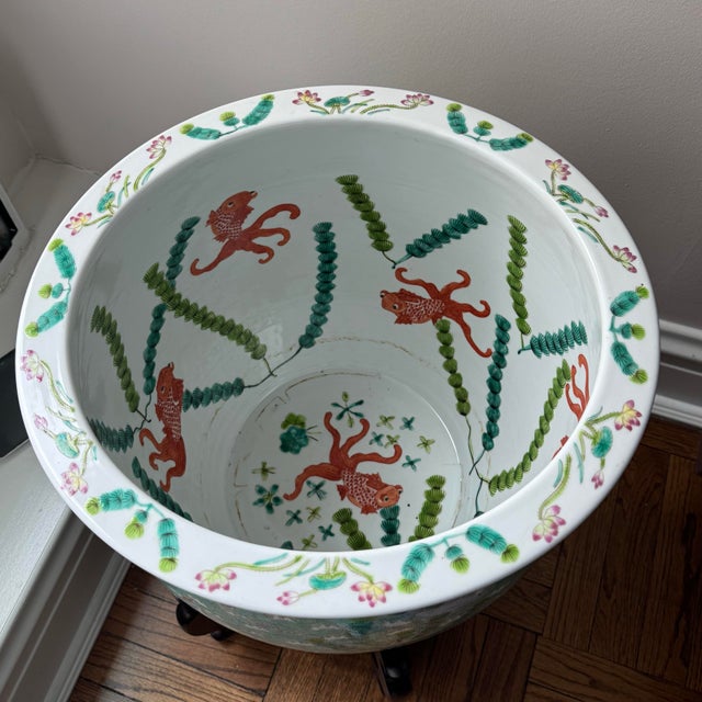 Vintage Chinese Famille Vert Fish Pots / Planters With Stands - A Pair For Sale - Image 4 of 10