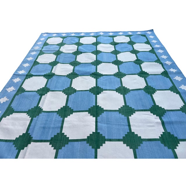 Textile Handmade Cotton Area Rug, Vegetable Dyed Sky Blue, Cream and Green Swedish Tile Dhurrie-10'x14' For Sale - Image 7 of 13