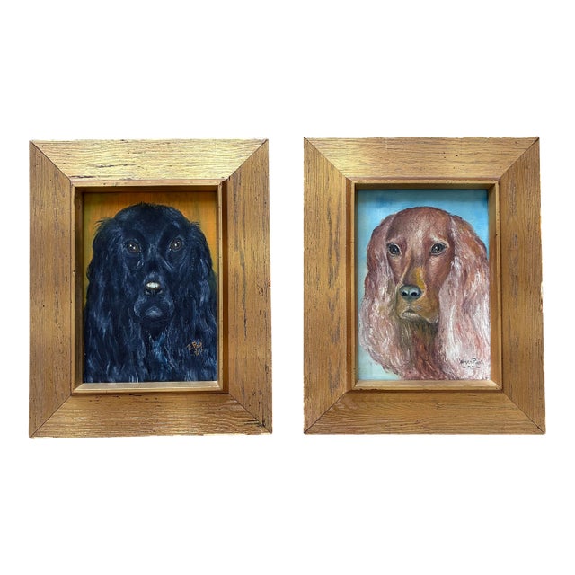 Vintage Original Dog Portrait Oil Paintings - Set of 2 For Sale