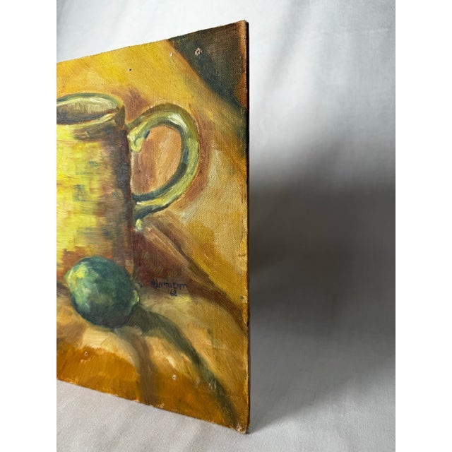 1960s Vintage Mid Century Traditional Expressionist Still Life Original Oil Painting on Board, Yellow, Green & Goldenrod For Sale - Image 5 of 12