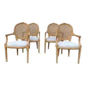 Carved Wood Faux Bois Dining Armchairs