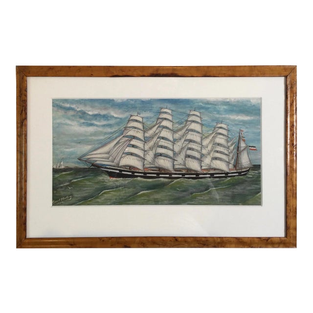 Carl Herting Gouache on Paper of Sailing Four Masted Tall Ship For Sale