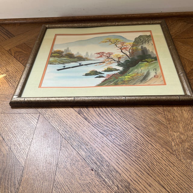 Paint Mid 20th Century Original Japanese Watercolor Signed/Artist Certified Faux Bamboo Frame For Sale - Image 7 of 10