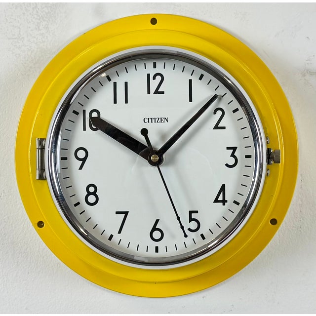 Metal Vintage Yellow Ships Wall Clock from Citizen, 1970s For Sale - Image 7 of 18