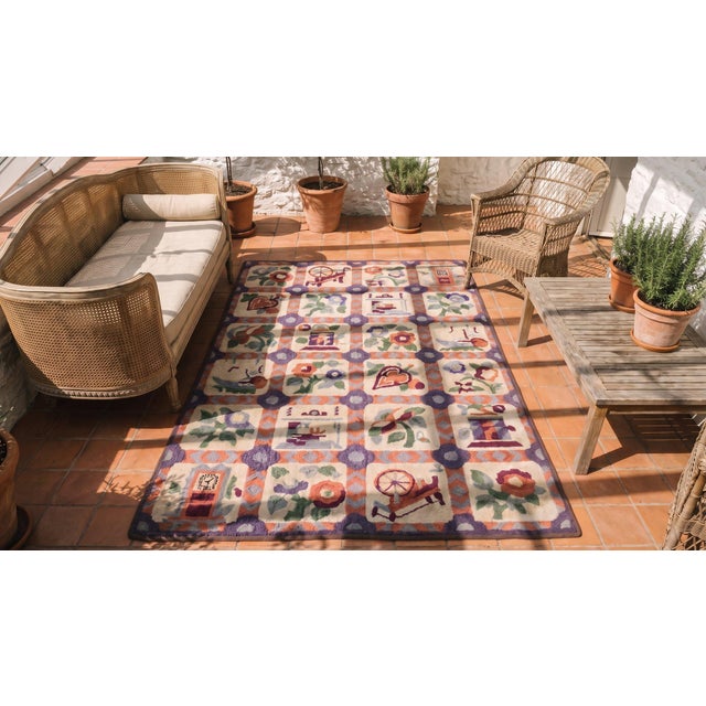 1930s Small Multicolor Geometric Roses Folk Art Antique American Hooked Wool Rug For Sale - Image 14 of 14