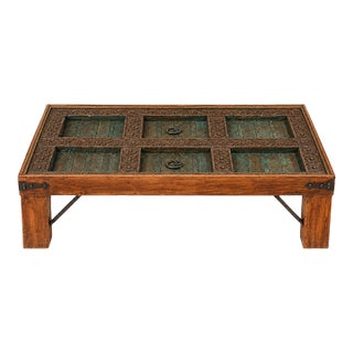 19th-Century Indian Haveli Door Coffee Table With Floating Glass Inlay For Sale