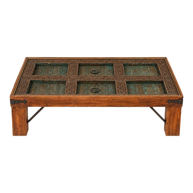 19th-Century Indian Haveli Door Coffee Table With Floating Glass Inlay For Sale