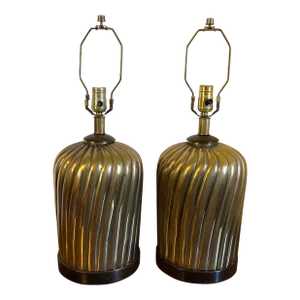 Mid-Century Modern Swirl Brass Table Lamps With Mahogany Fittings - a Pair