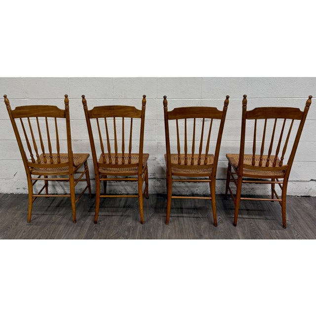 Vintage Spindle Back Caned Seat Solid Oak Dining Chairs For Sale - Image 10 of 12