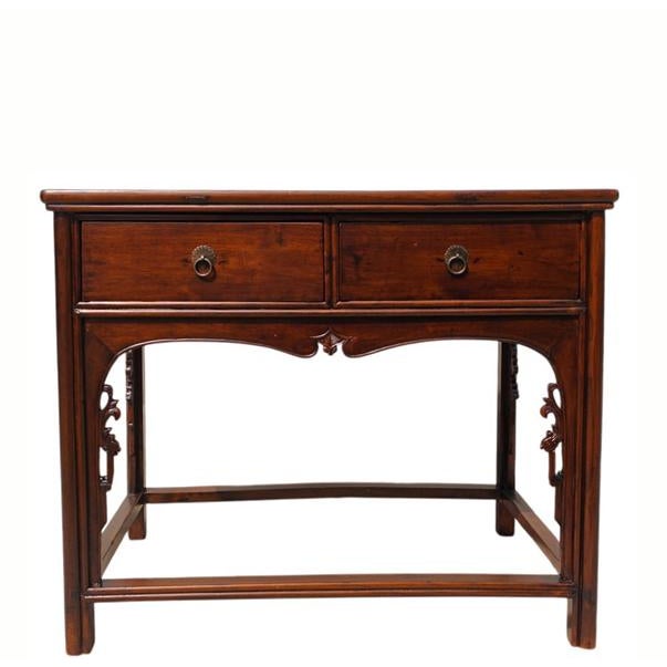 This antique 19th-century table is a traditional two-drawer side table made from solid walnut wood from the Shanxi...