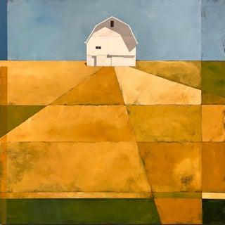 Golden Fields by Justin Wheatley | Acrylic on Canvas White Barn With Gold Fields For Sale