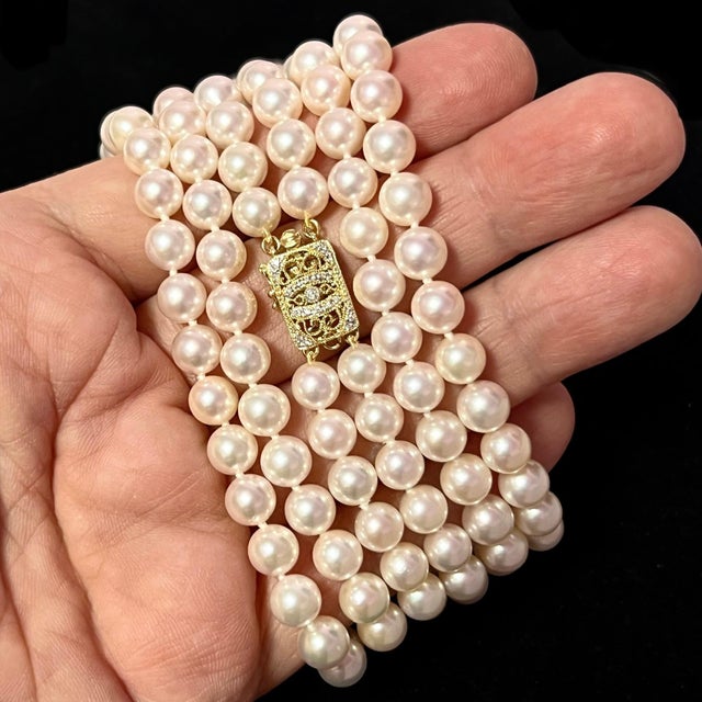 Metal Akoya Pearl Diamond Double Stranded Necklace 14k Y Gold Certified For Sale - Image 7 of 9