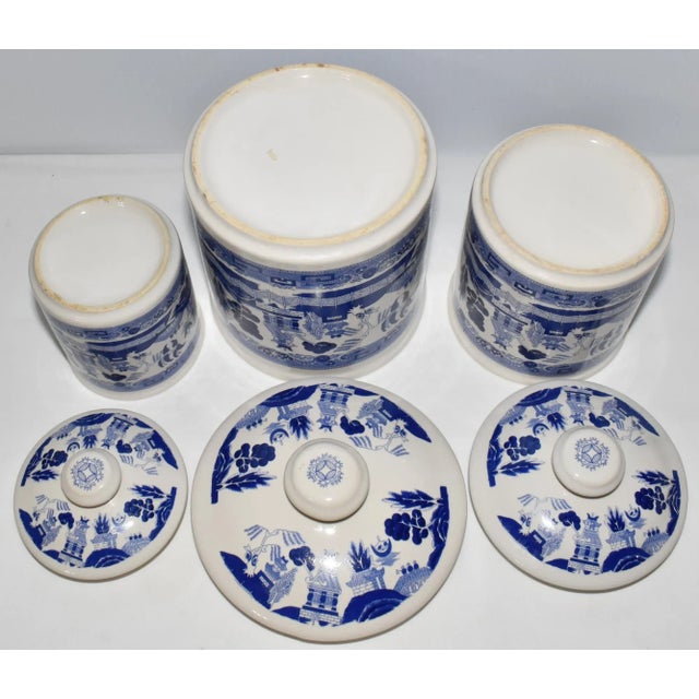 Blue Early 20th Century Transferware Blue Willow 3 Piece Canister Set Blue White Ceramic Canisters For Sale - Image 8 of 9