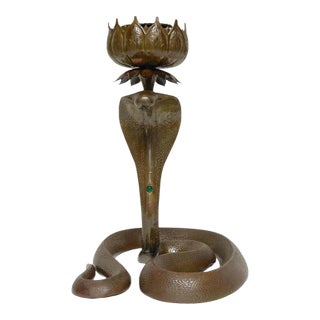 19th Century Anglo, Indian Engraved & Jeweled Bronze Cobra Candlestick For Sale