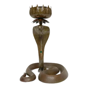 19th Century Anglo, Indian Engraved & Jeweled Bronze Cobra Candlestick