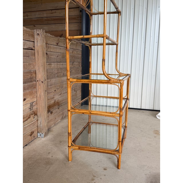 Vintage Boho Coastal Rattan Étagère With Fan Top and Glass Shelves For Sale - Image 9 of 12