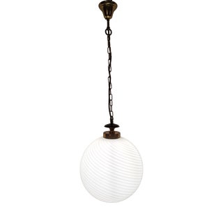 Vintage Italian Pendant Lamp with White Patterned Glass Shade, 1980s For Sale