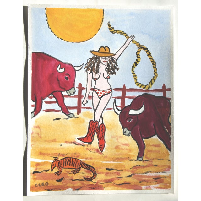 Pop Art Nude, Horse, Americana Western Landscape Pop Art, Surrealism Blue Tan Red Green Original Painting Cleo Plowden For Sale - Image 3 of 3