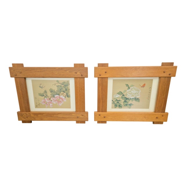 Chinese Hand-Painted Silk Artworks in Oak Frames, 1950s, Set of 2 For Sale