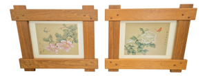 Chinese Hand-Painted Silk Artworks in Oak Frames, 1950s, Set of 2