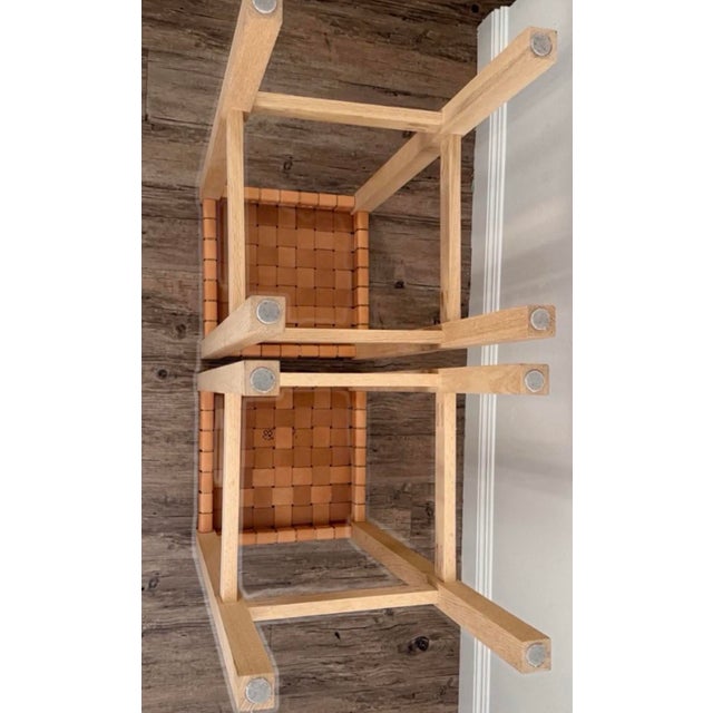 White Pair of Oak and Woven Leather Bar Stools For Sale - Image 8 of 8