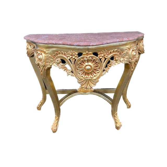 1990s Italian Baroque/Rococo Gilded Beech Console Table With Pink Marble Top For Sale - Image 10 of 10